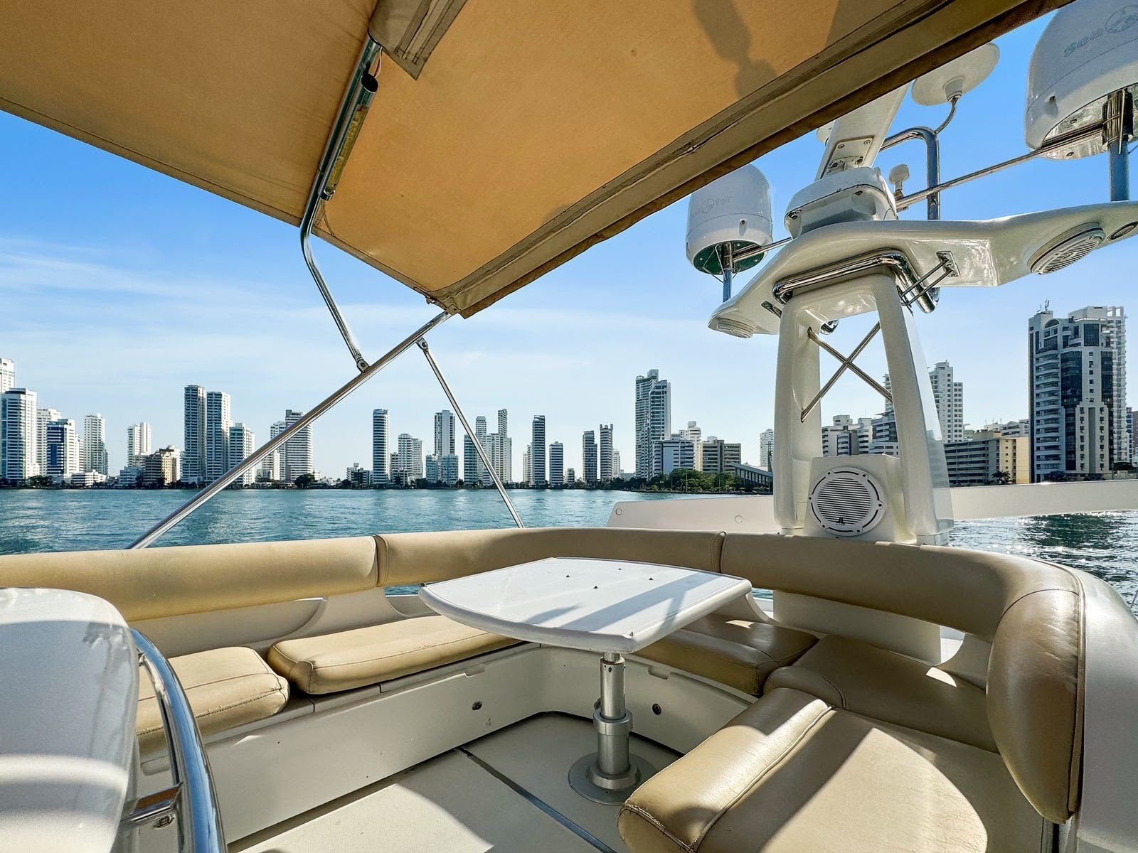 Flybridge lounge with panoramic bay views