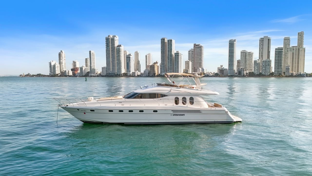 70-foot Viking motor yacht with the Cartagena skyline