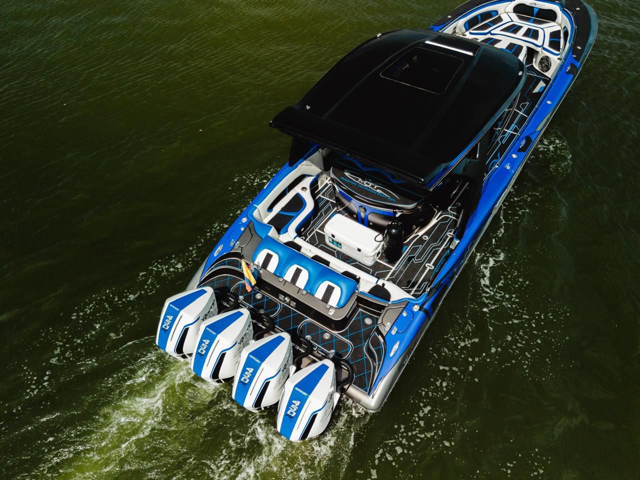 42 Racing MTI speedboat aerial stern view with Bocagrande skyline, Cartagena