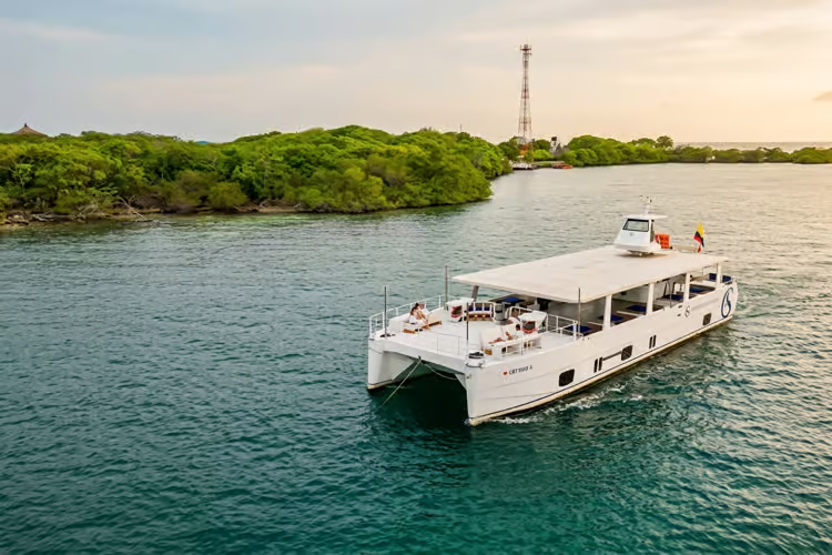 Aerial view of the 87 event catamaran near the Rosario Islands