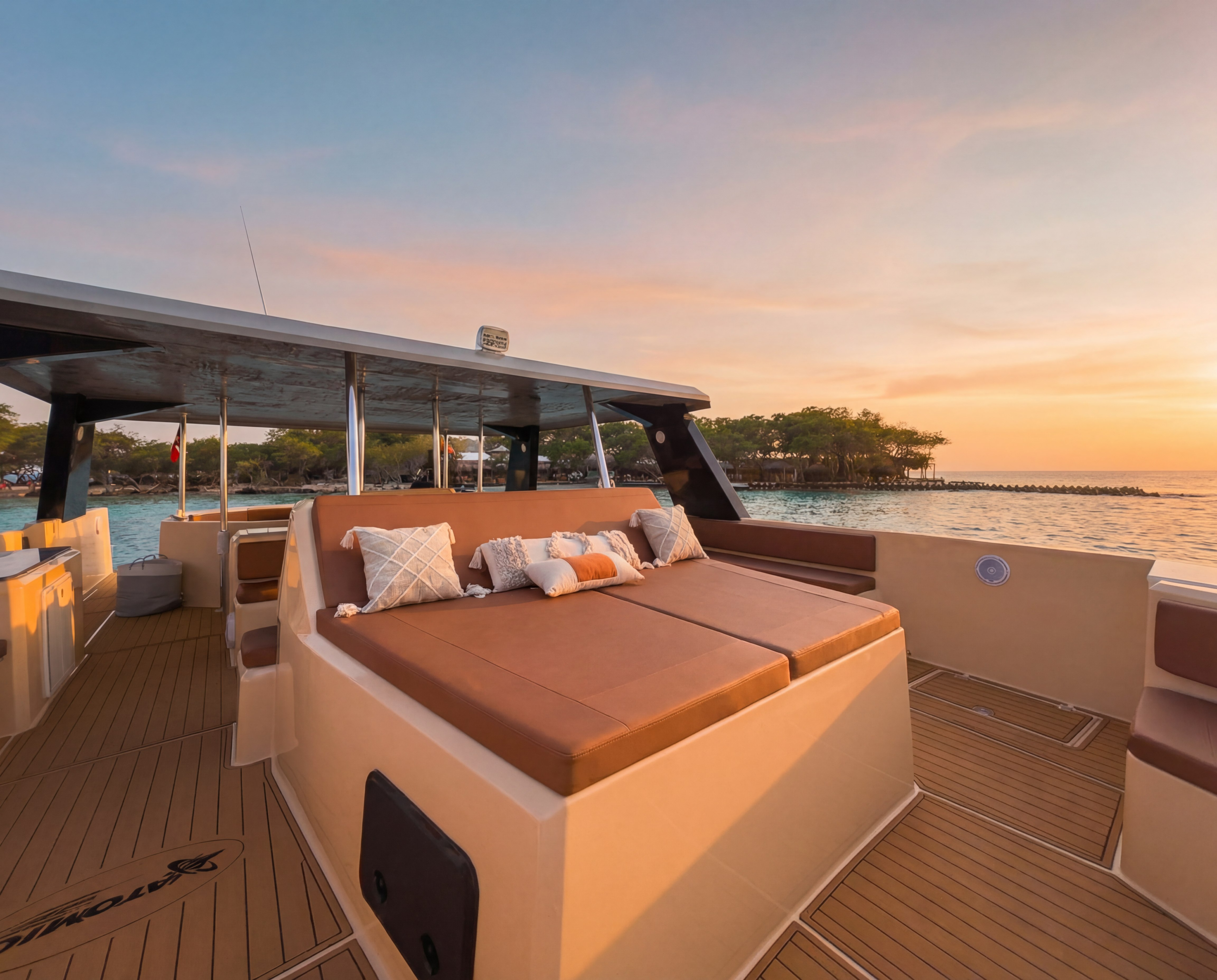 Sun pads and lounge seating on the Alisio 45 power catamaran at sunset