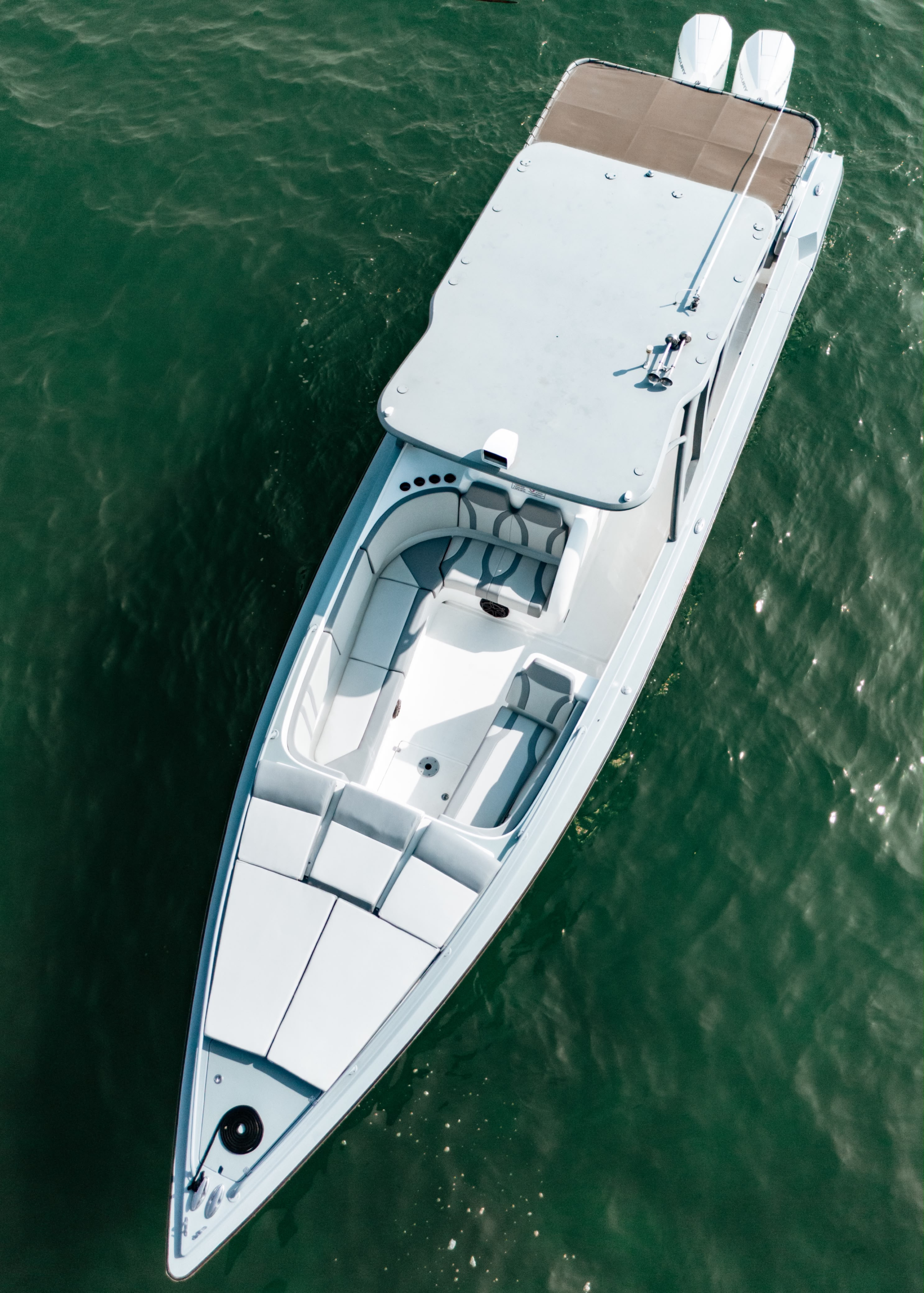Aerial view of the 38 ft speedboat cruising near Cartagena