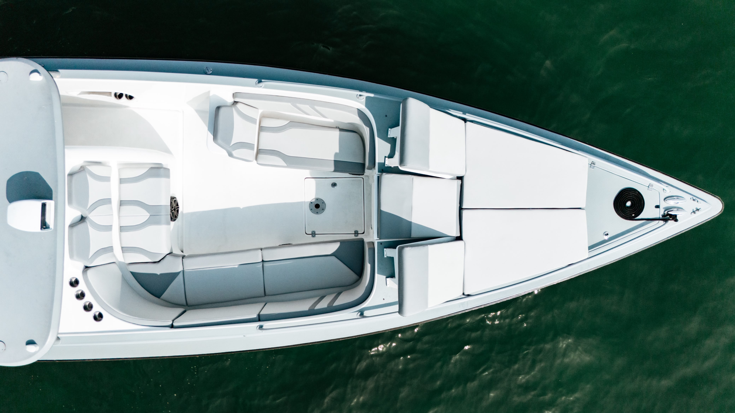 Full side aerial of the 38-foot boat