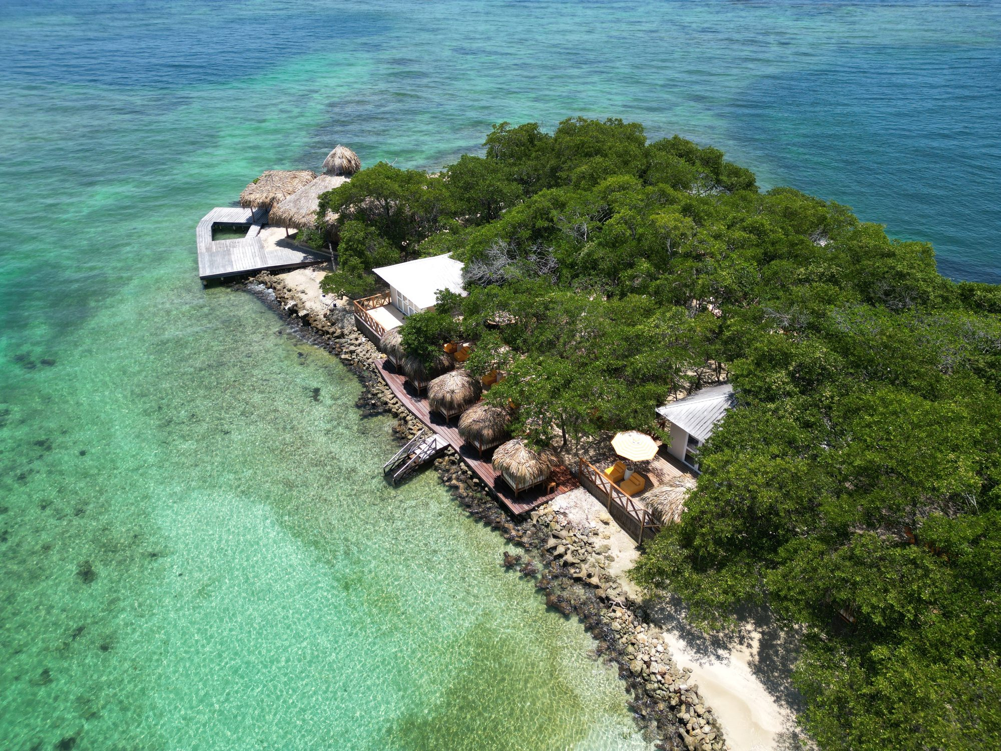 Private island on Isla Grande, Rosario Islands — aerial view with the private pier
