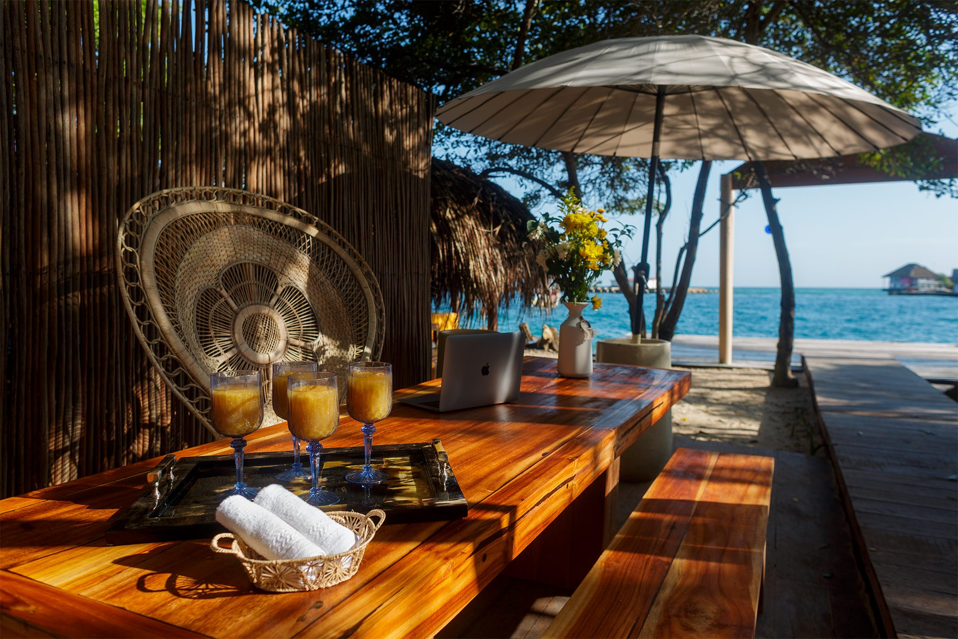 Private island on Isla Grande — shaded palapas and lounge areas