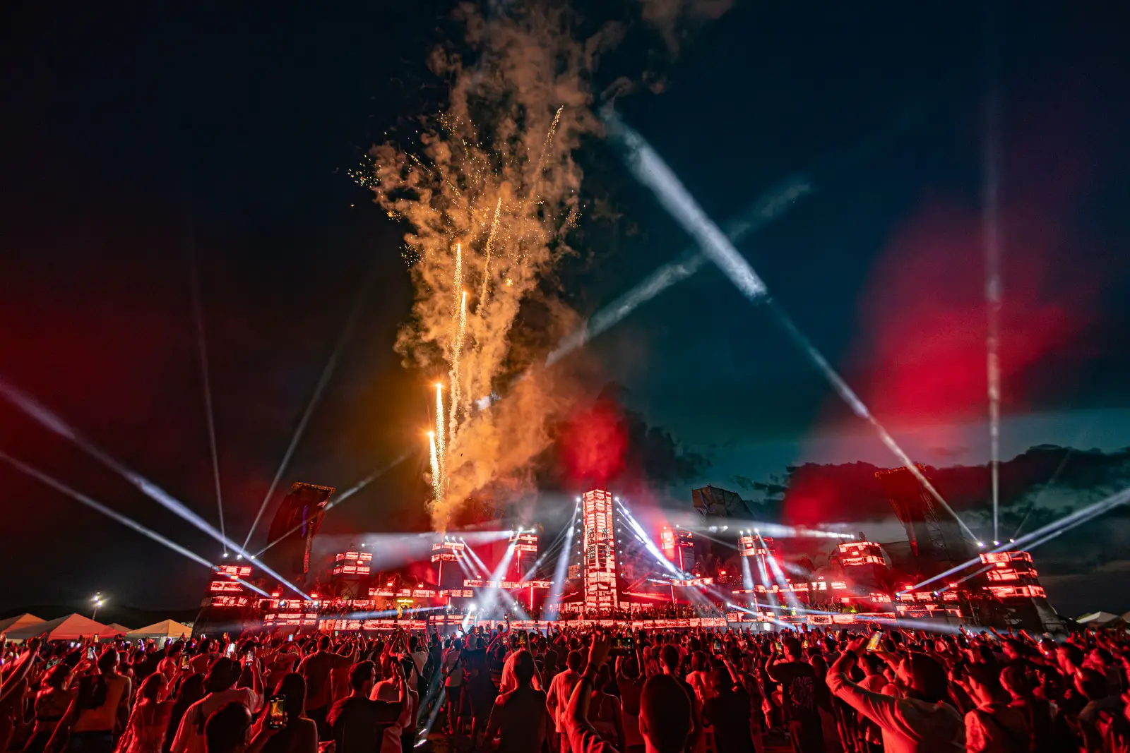 Buena Vida Beach main stage with fireworks at Punta Canoa, Cartagena
