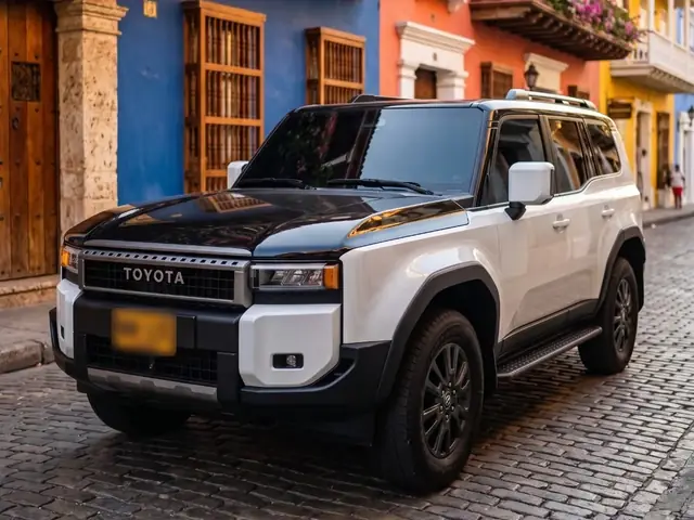 White Toyota Prado SUV for private airport transfers on a cobblestone street in the Old City of Cartagena