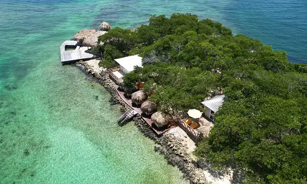 Private island on Isla Grande, Rosario Islands — aerial view with the private pier