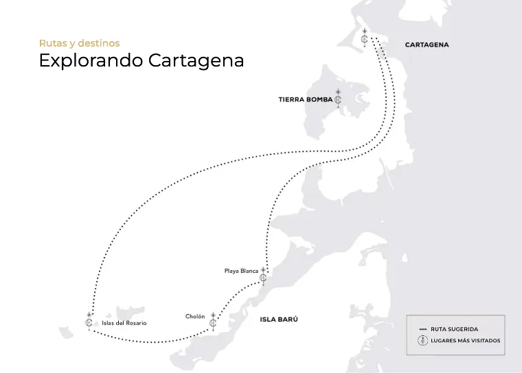 Mapa de la ruta sugerida desde Cartagena por Tierra Bomba, las Islas del Rosario, Cholón y Playa Blanca, en Isla Barú